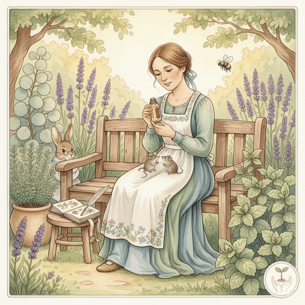 Style storybook pastel, Beatrix Potter, ambiance Ghibli. Une femme de 40 ans, assise dans un jardin lumineux, entourée de plantes aromatiques (lavande, eucalyptus, menthe). Elle tient un flacon d’huile essentielle avec douceur. Palette douce, ambiance naturelle et inspirante, symboles de transmission et d’apprentissage.